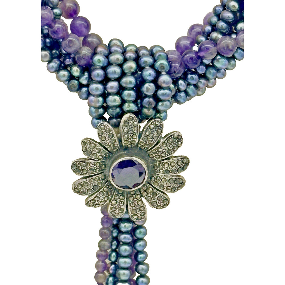 VTG Sterling Silver Natural Pearl Amethyst & Marcasite Statement Necklace Chunky - Picture 2 of 11